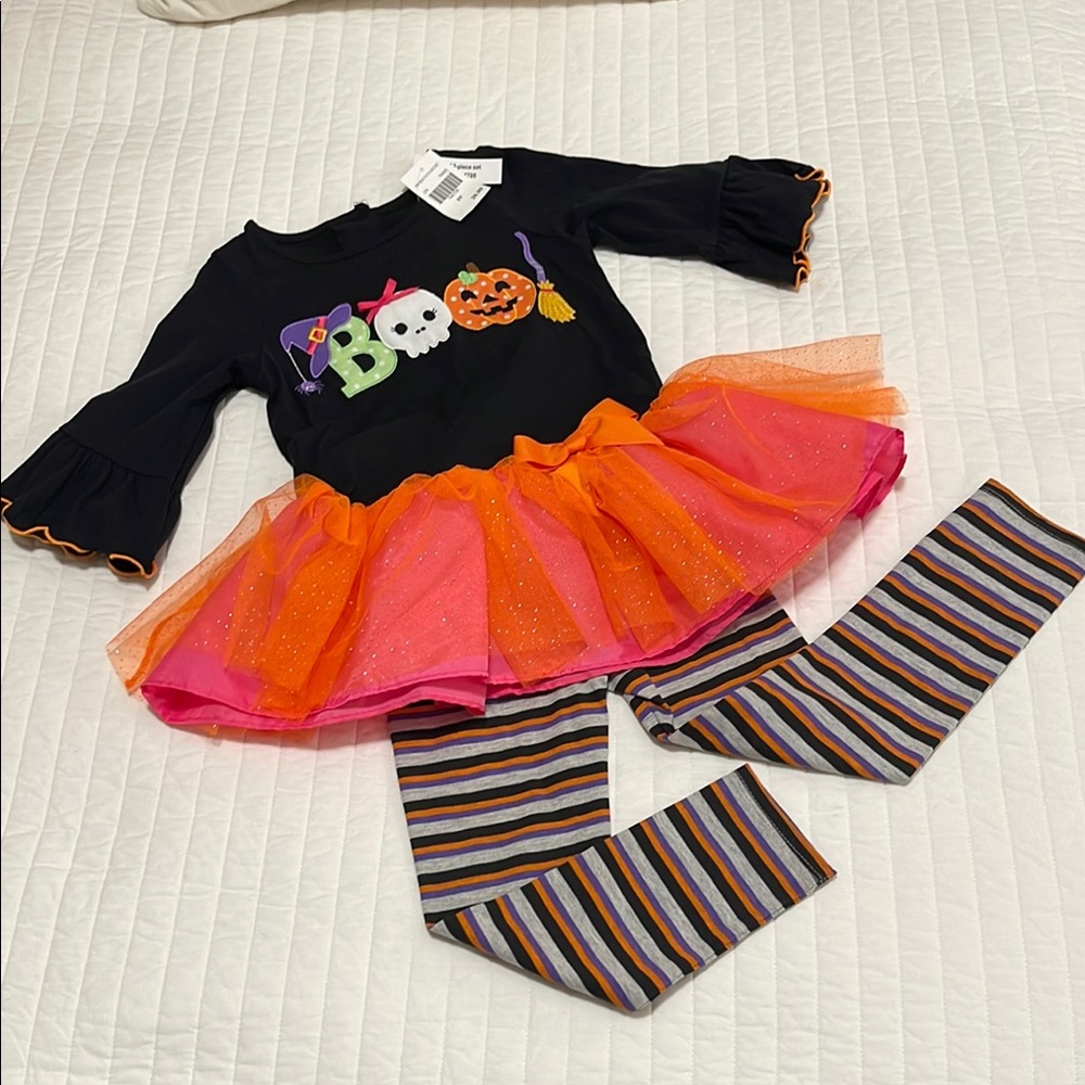 Kids 2 pc Halloween Black Orange Costume with Shirt Tutu Striped Leggings